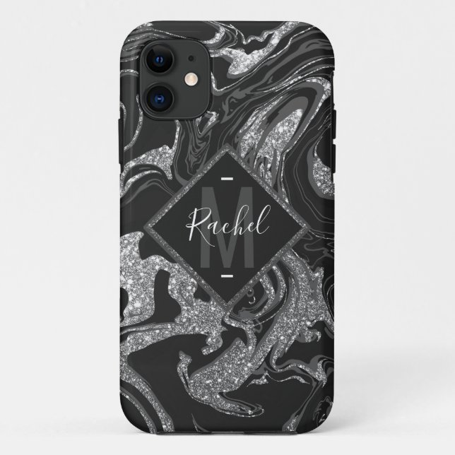 Modern Black Gray Silver Glitter Marble Case-Mate iPhone Case (Back)