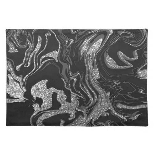 Modern Black Gray Silver Glitter Marble Cloth Placemat