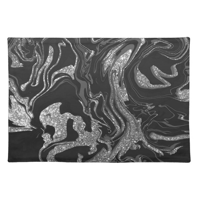 Modern Black Gray Silver Glitter Marble Cloth Placemat (Front)