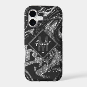 Modern Black Gray Silver Glitter Marble iPhone 17 Case