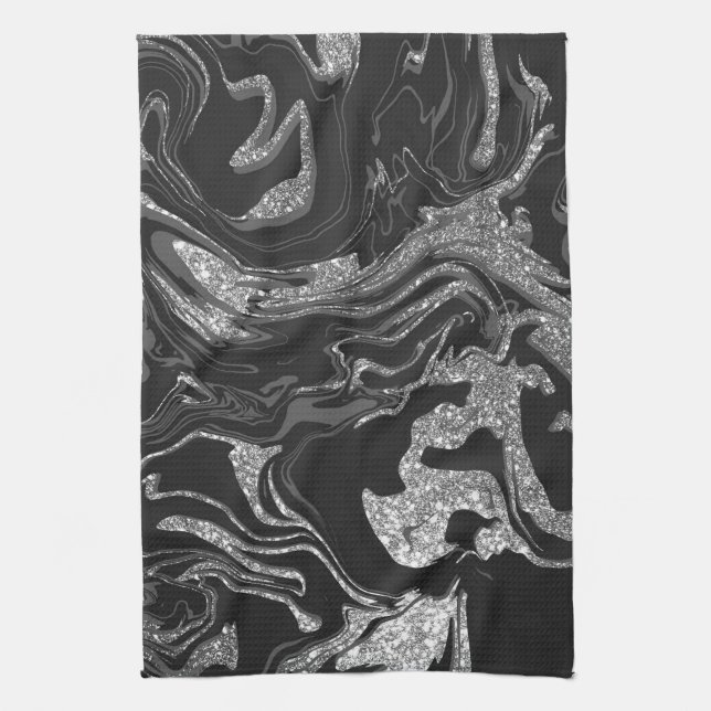 Modern Black Gray Silver Glitter Marble Kitchen Towel (Vertical)