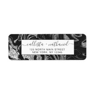 Modern Black Gray Silver Glitter Marble Label