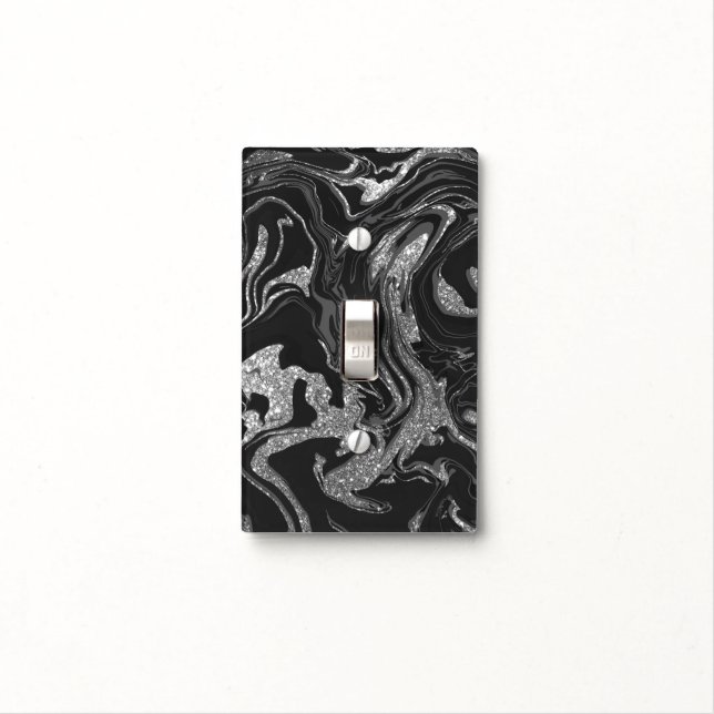 Modern Black Gray Silver Glitter Marble Light Switch Cover (In Situ)
