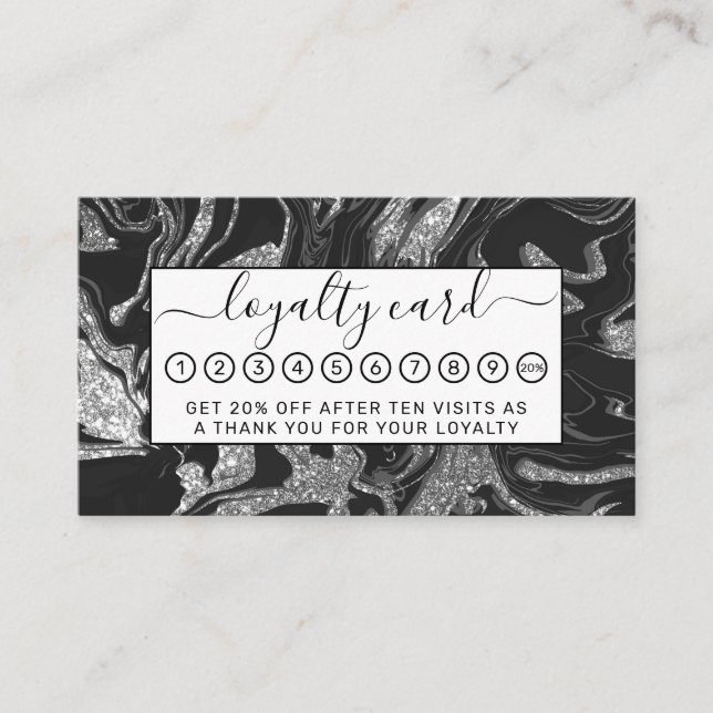 Modern Black Gray Silver Glitter Marble Loyalty Card (Front)