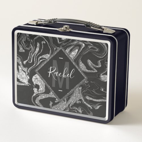 Modern Black Gray Silver Glitter Marble Metal Lunch Box