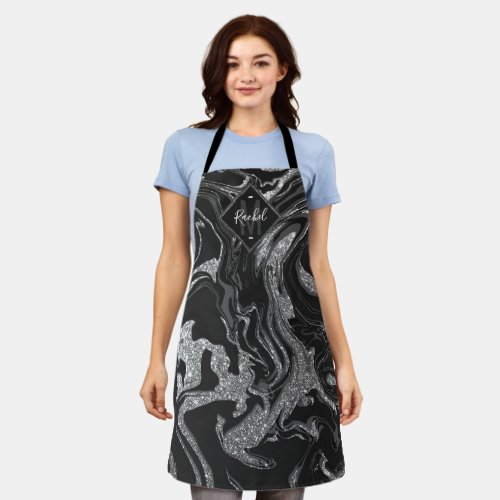 Modern Black Gray Silver Glitter Marble Monogram Apron