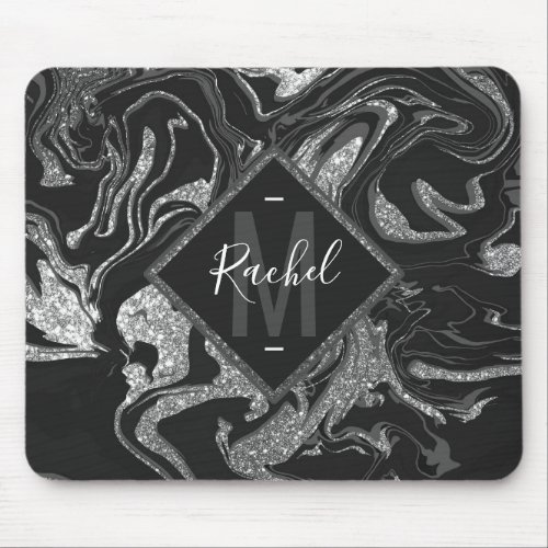 Modern Black Gray Silver Glitter Marble Mouse Pad