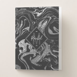Modern Black Gray Silver Glitter Marble Pocket Folder