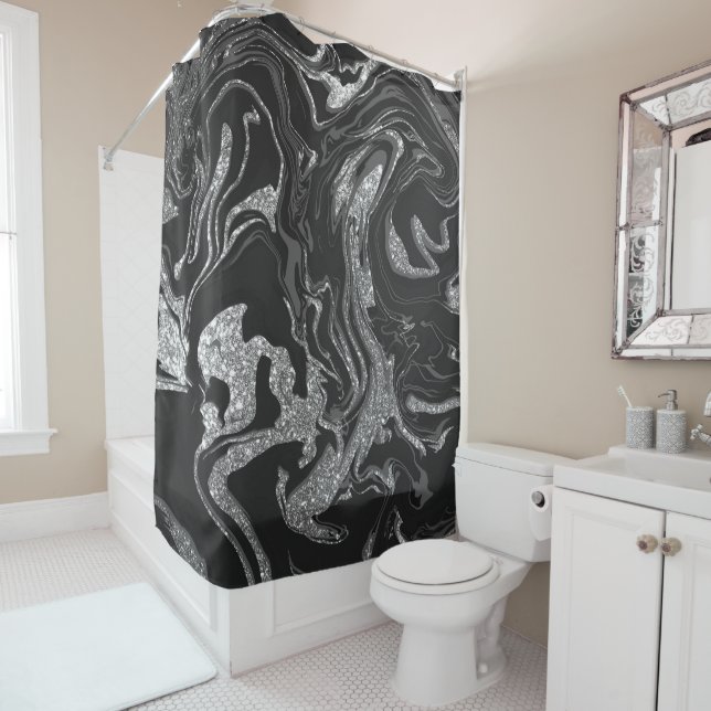 Modern Black Gray Silver Glitter Marble Shower Curtain (In Situ)