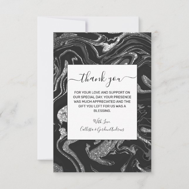 Modern Black Gray Silver Glitter Marble Thank You Card (Front)