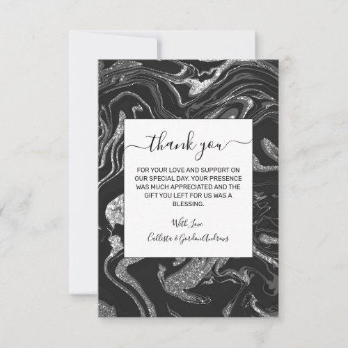 Modern Black Gray Silver Glitter Marble Thank You Card