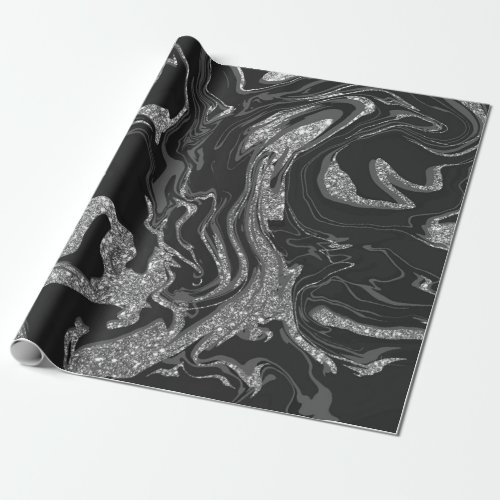 Modern Black Gray Silver Glitter Marble Wrapping Paper