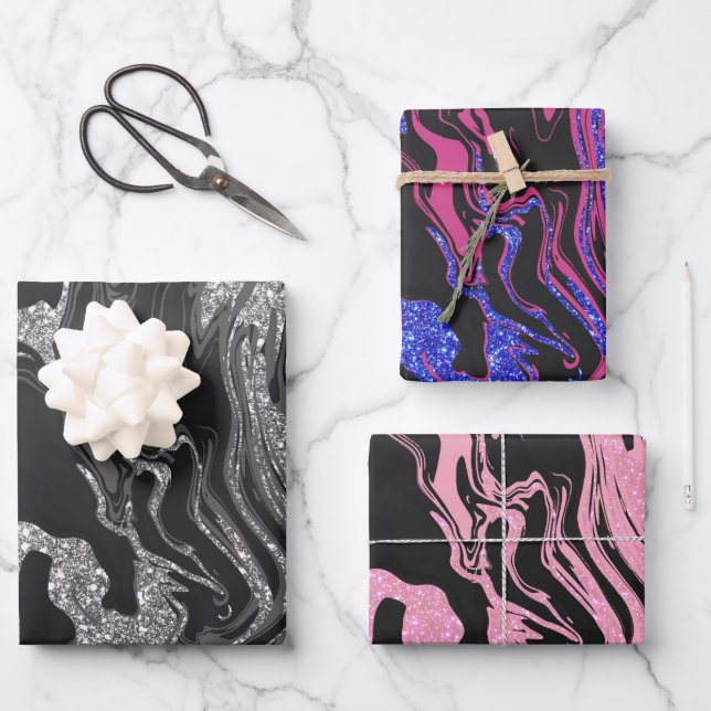 Modern Black Gray Silver Glitter Marble Wrapping Paper Sheets (Front)