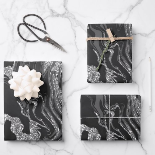 Modern Black Gray Silver Glitter Marble Wrapping Paper Sheets