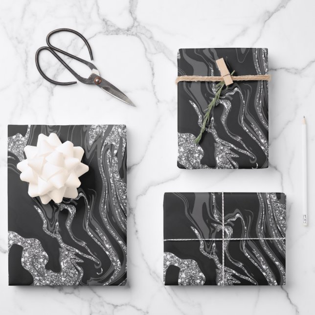 Modern Black Gray Silver Glitter Marble Wrapping Paper Sheets (Front)