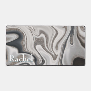 Modern Black Gray & Silver Marble Swirl Monogram Desk Mat