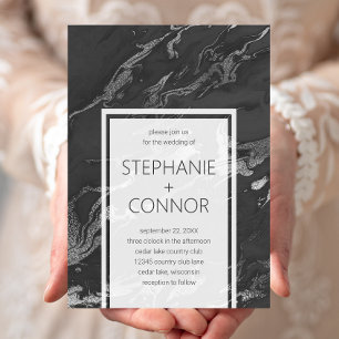 Modern Black Gray Silver Marble Wedding Invitation