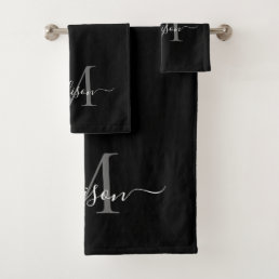 Modern Black Gray Silver Monogram Script Name Bath Towel Set