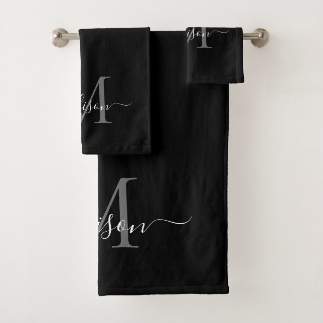 Modern Black Gray Silver Monogram Script Name Bath Towel Set (Insitu)