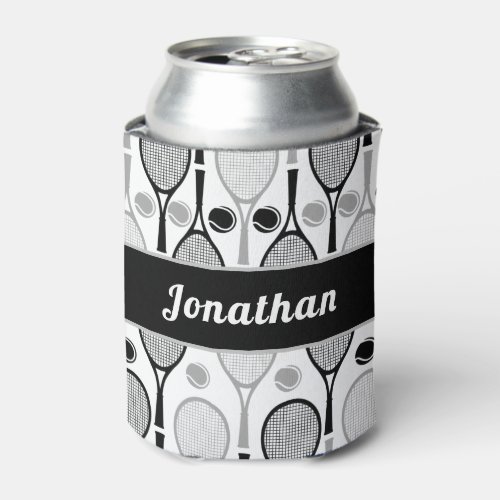 Modern Black  Gray Tennis Player Coach Dad Name Can Cooler