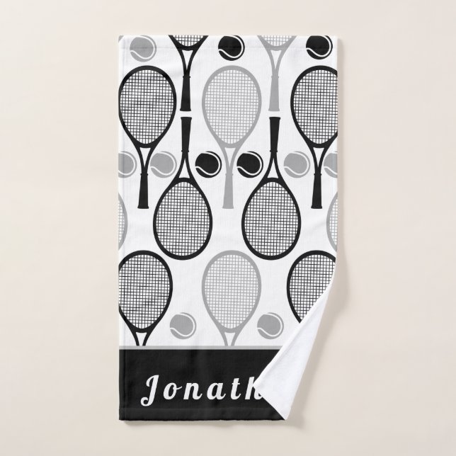 Modern Black & Gray Tennis Player Coach Dad Name Hand Towel (Hand Towel)