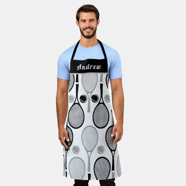 Modern Black & Gray Tennis Player Coach Dad's Name Apron (Worn)