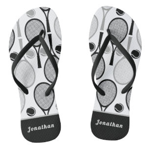Modern Black & Gray Tennis Player Coach Name Sport Flip Flops