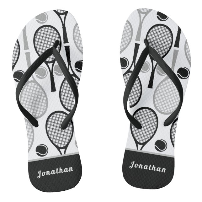 Modern Black & Gray Tennis Player Coach Name Sport Flip Flops (Footbed)