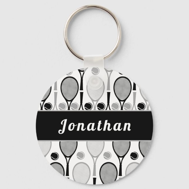 Modern Black & Gray Tennis Player Coach Name Sport Keychain (Front)