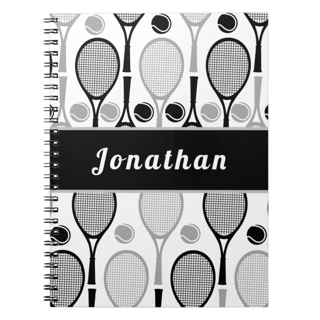 Modern Black & Gray Tennis Player Coach Name Sport Notebook (Front)