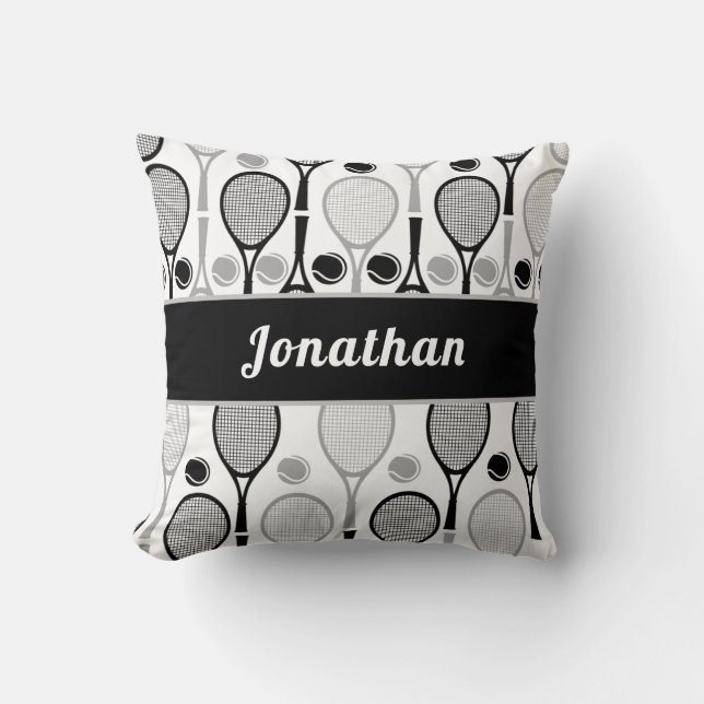 Modern Black & Gray Tennis Player Coach Name Sport Throw Pillow (Front)