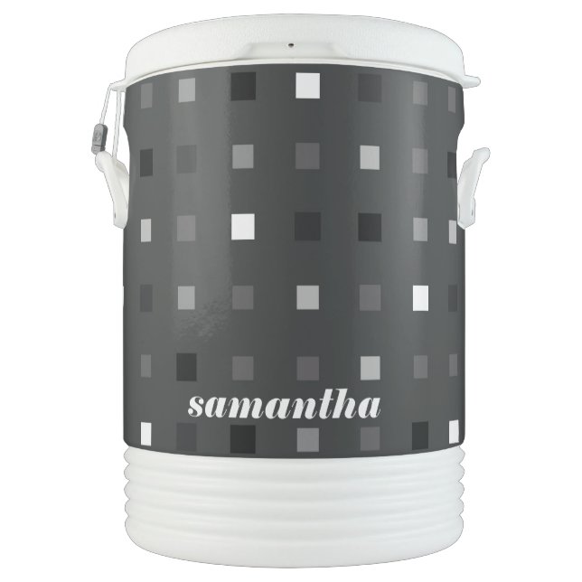 Modern Black Gray Tones Pixels Pattern Beverage Cooler (Back)