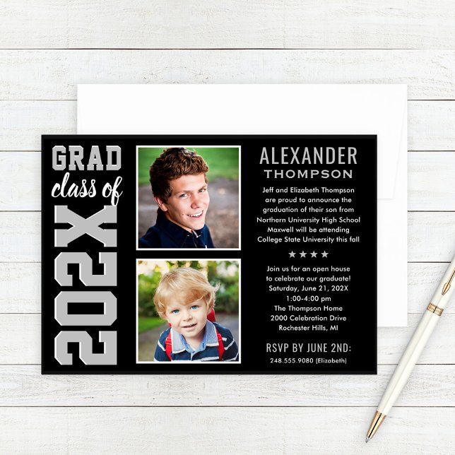 Modern Black Gray Two Photo Graduation Party Invitation (Creator Uploaded)