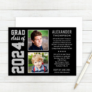 Modern Black Gray Two Photo Graduation Party Invitation