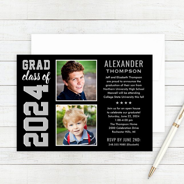 Modern Black Gray Two Photo Graduation Party Invitation (Creator Uploaded)