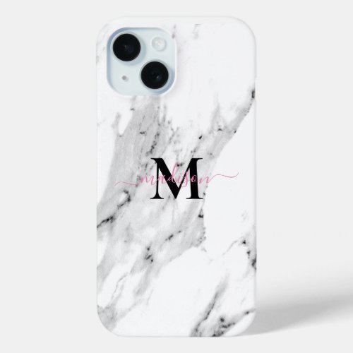 Modern black gray white marble pattern monogram iPhone 15 case