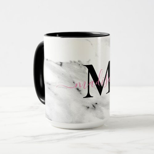 Modern black gray white marble pattern monogram mug