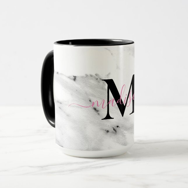 Modern black gray white marble pattern monogram mug (Front Left)