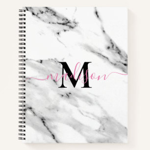 Modern black gray white marble pattern monogram notebook