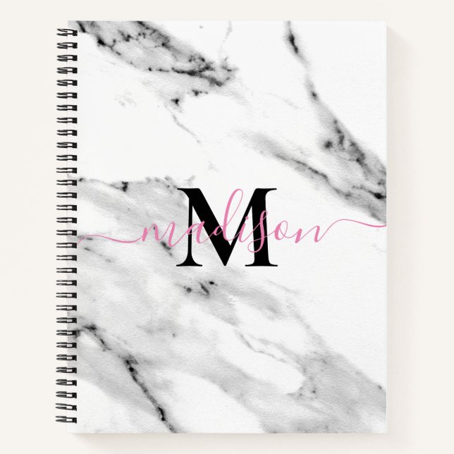 Modern black gray white marble pattern monogram notebook (Front)