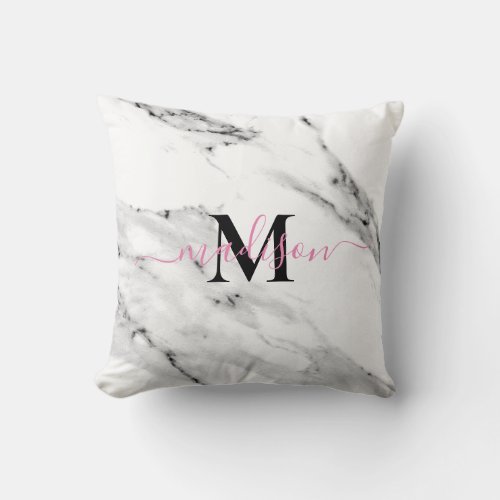 Modern black gray white marble pattern monogram throw pillow
