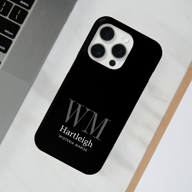 Modern Black Gray White Monogram Name Case-Mate iPhone Case (Creator Uploaded)