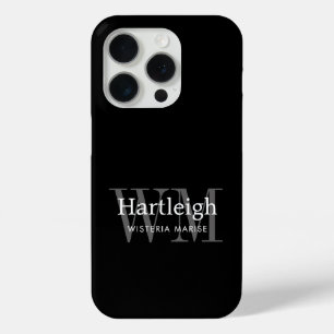 Modern Black Gray White Monogram Name iPhone 15 Pro Case