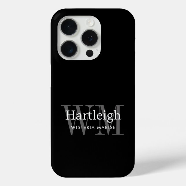 Modern Black Gray White Monogram Name Case-Mate iPhone Case (Back)