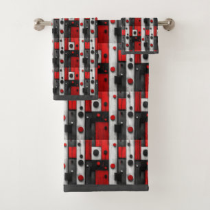 Modern Black Gray White Red Geometric Pattern Bath Towel Set