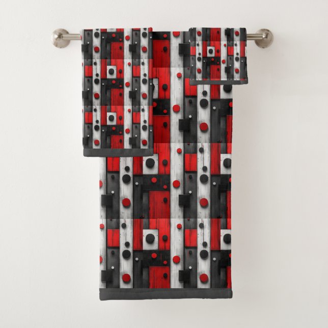 Modern Black Gray White Red Geometric Pattern Bath Towel Set (Insitu)