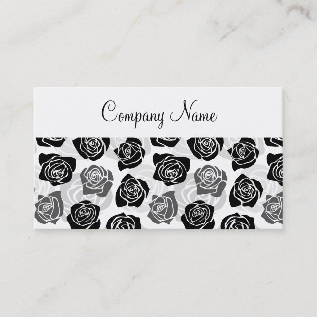 Modern Black Gray White Rose Flower Pattern Business Card (Front)