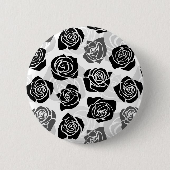 Modern Black Gray White Rose Flower Pattern Button (Front)
