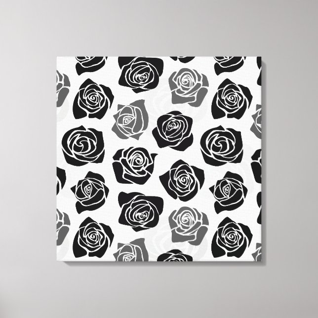 Modern Black Gray White Rose Flower Pattern Canvas Print (Front)