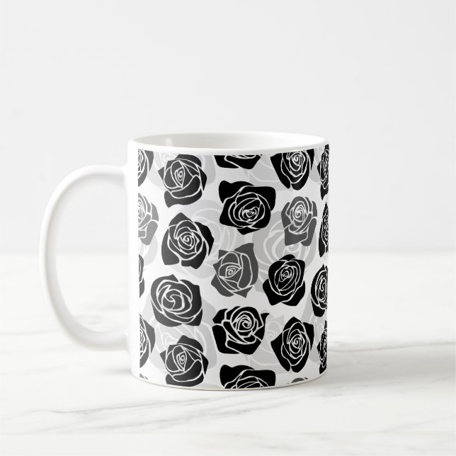 Modern Black Gray White Rose Flower Pattern Coffee Mug (Left)